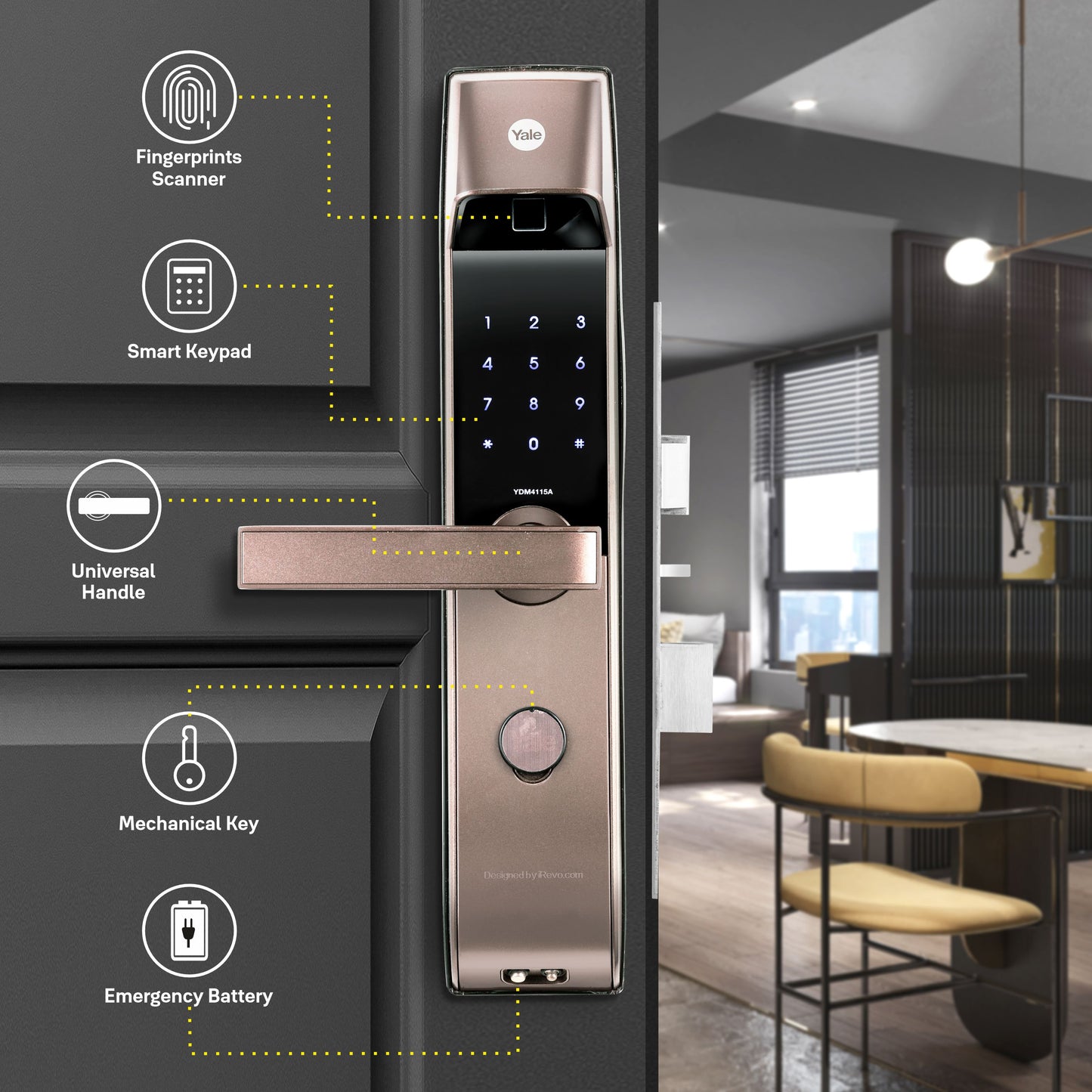 YDM 4115 -A Series( with Bluetooth & Wifi Bridge) Smart Lock, Brown with Fingerprint, PIN, manual key and Yale Home App With Bluetooth Module and Wifi Connect Bridge